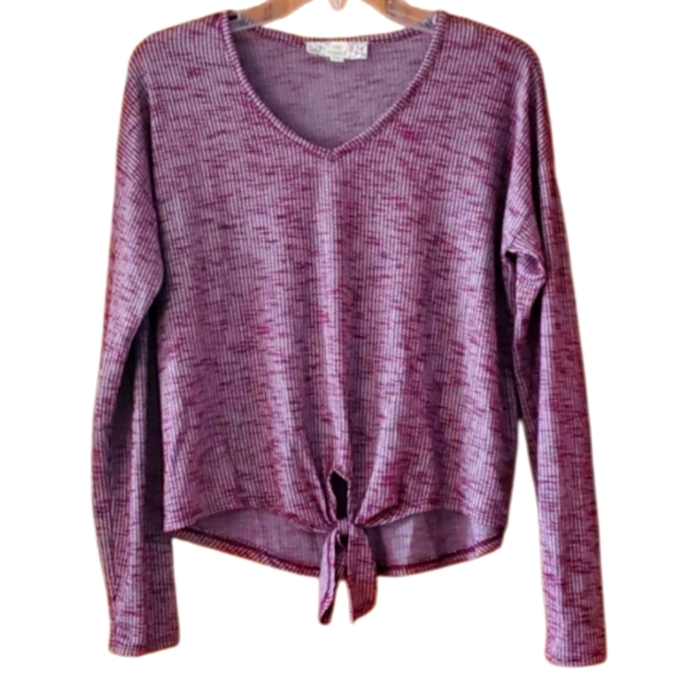 Pink Republic Women's Ribbed Knit Tie-Front Top - Purple Size XS